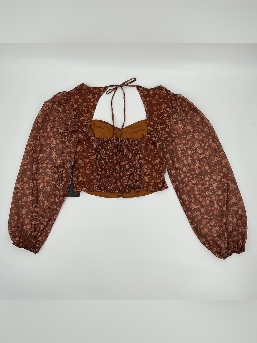 Lulu's Sweet and Cute Brown Floral Crop Top with Mesh Sleeves - Picture 8 of 8